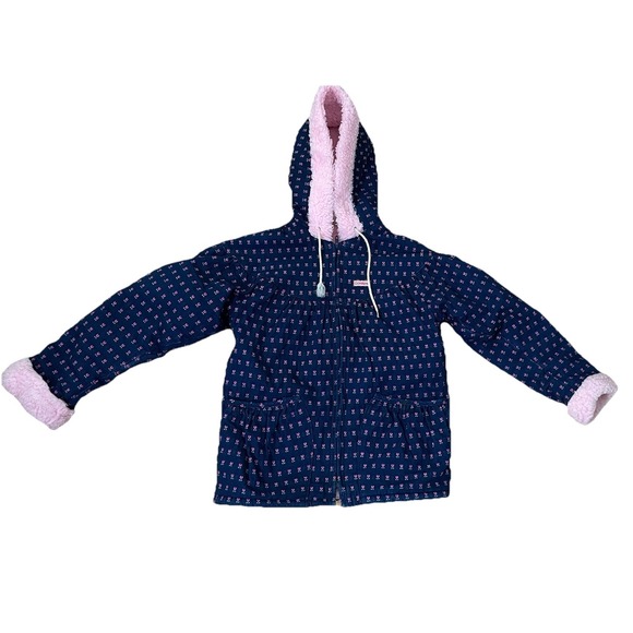 VTG Oshkosh Pink Sherpa Lined Blue Jacket Floral‎ USA Hood Embroidered 10-12 - Picture 1 of 5